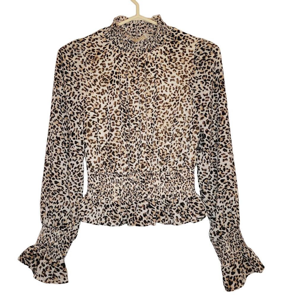 Japna cheetah print ruffled high neck top womens Size S Regal Romantic Maximal